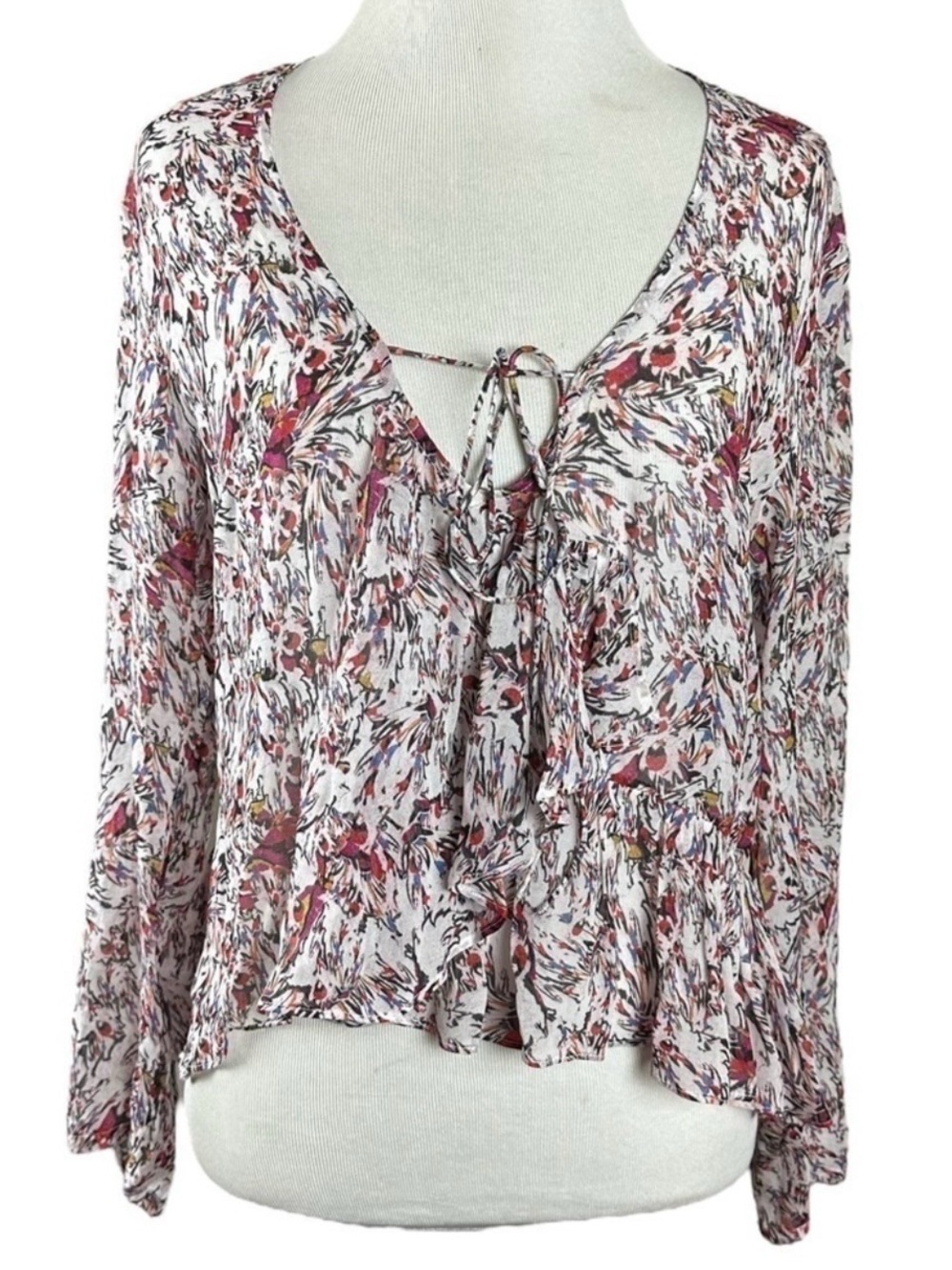 IRO Gosh Abstract Peplum Ruffle Long Sleeve Deep V Neck Top Blouse 6 NWOT